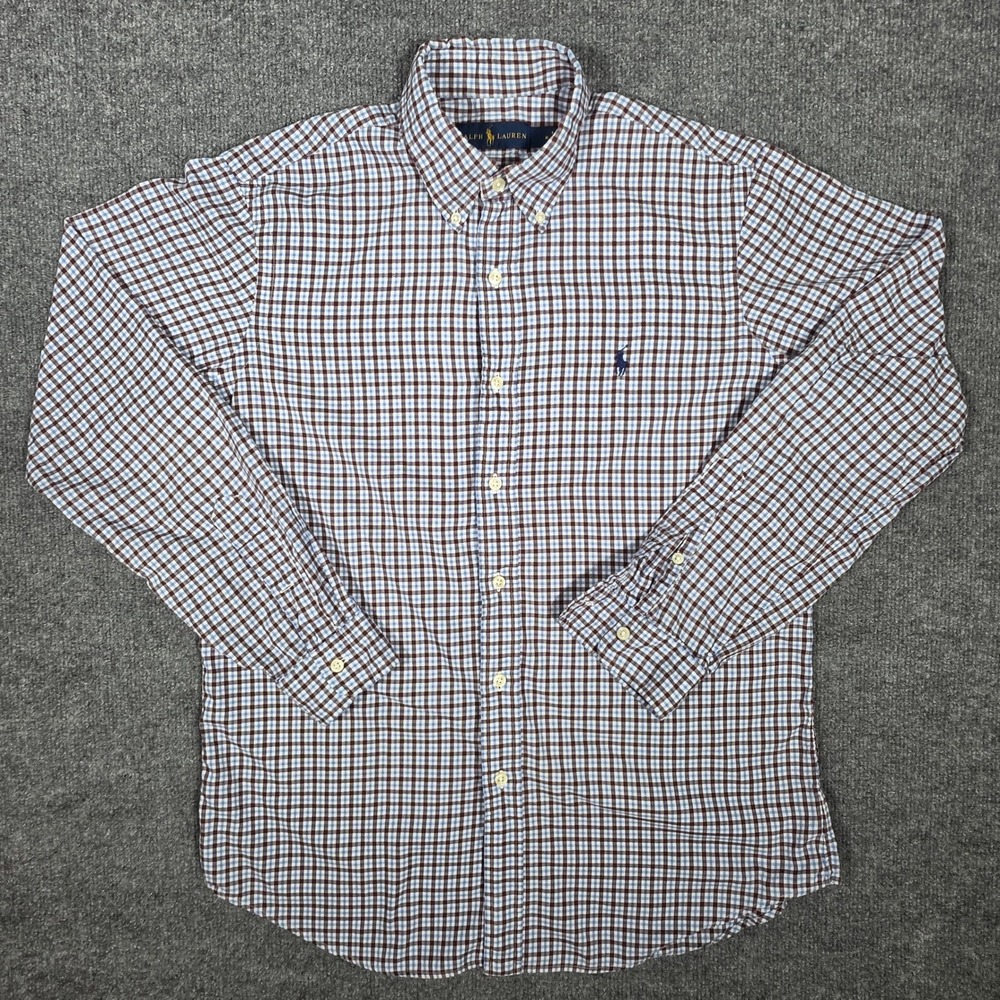Ralph Lauren Mens Blue Brown Gingham Check Button Down Shirt Size M Cotton